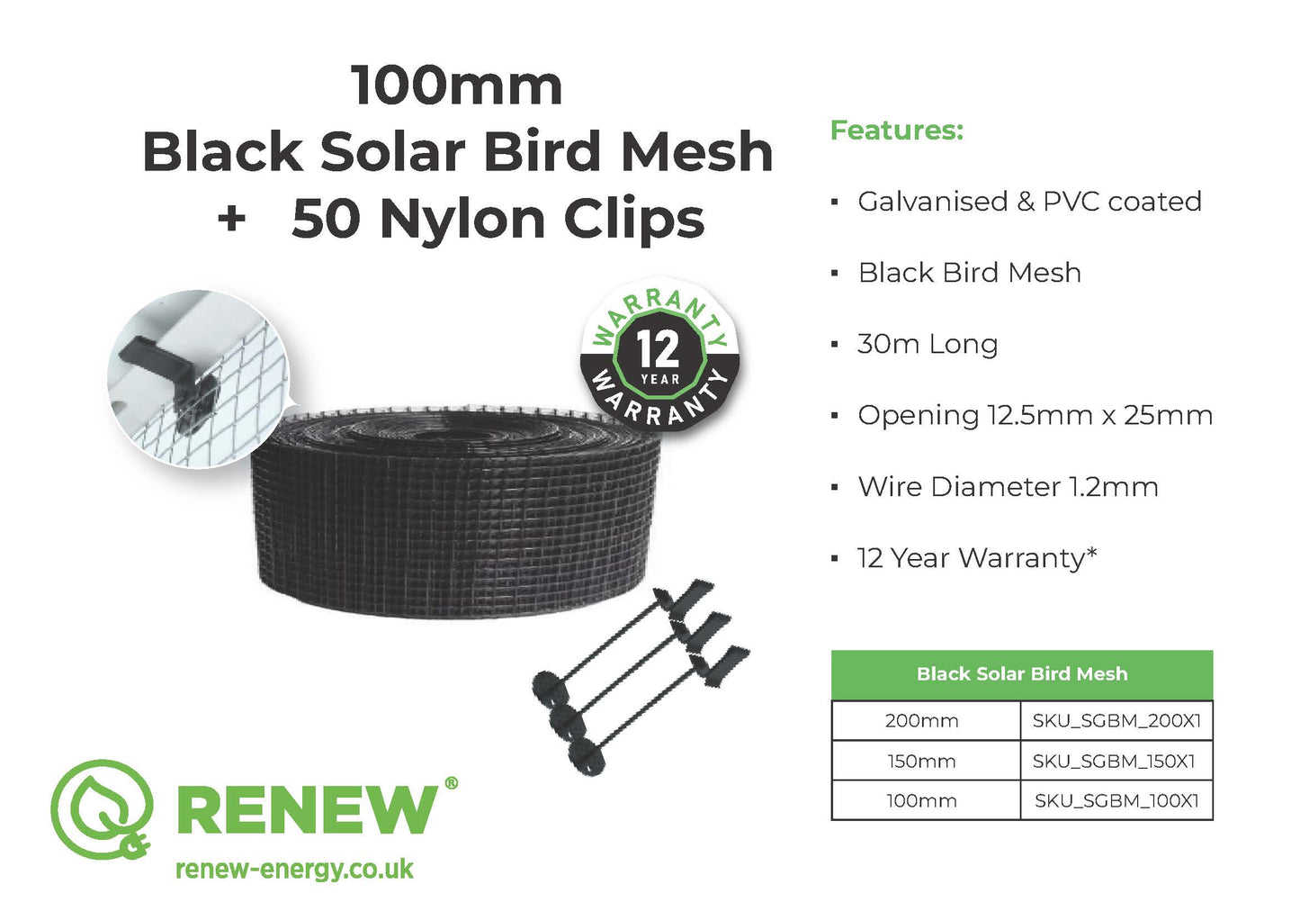 Solar Panel Bird Protection Mesh Kit - 100mm x 30M Black (1 Roll) and 50 x Nylon Clips