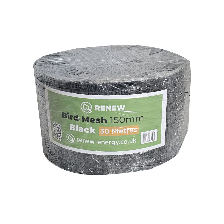Solar Panel Bird Protection Mesh Kit - 150mm x 30M Black (1 Roll) and 50 x Nylon Clips