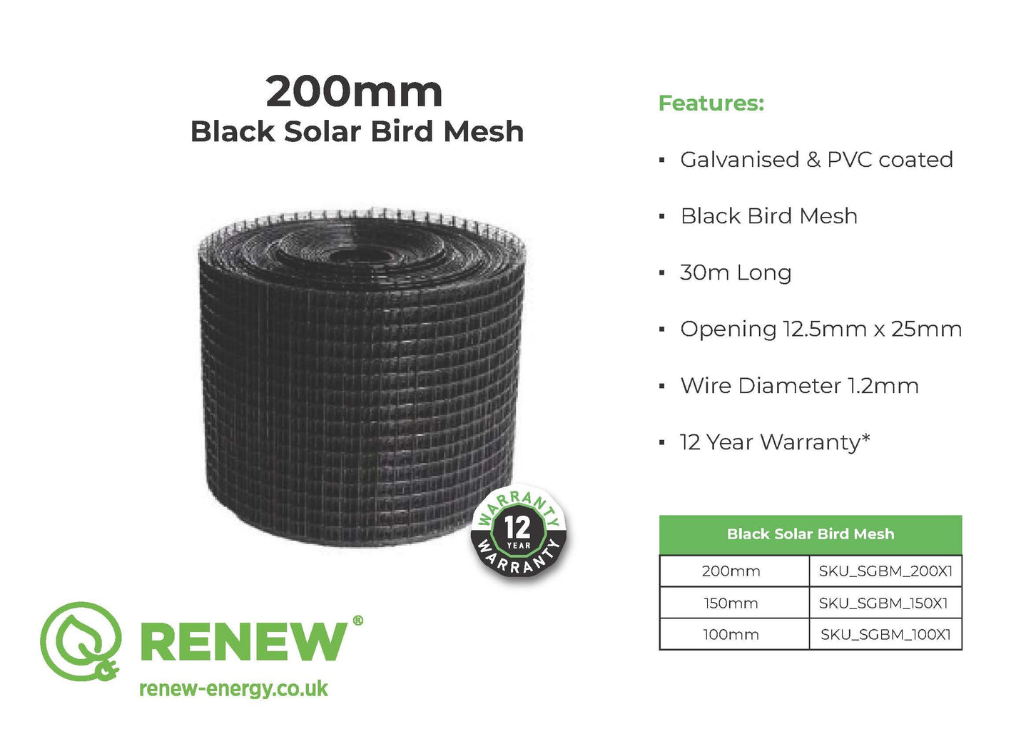 Solar Panel Bird Protection Mesh - 200mm x 30M (10 Rolls) Black