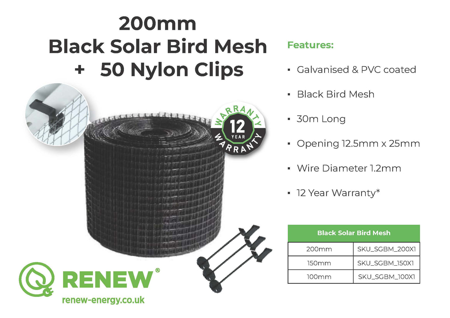 Solar Panel Bird Protection Mesh Kit - 150mm x 30M Black (1 Roll) and 50 x Nylon Clips