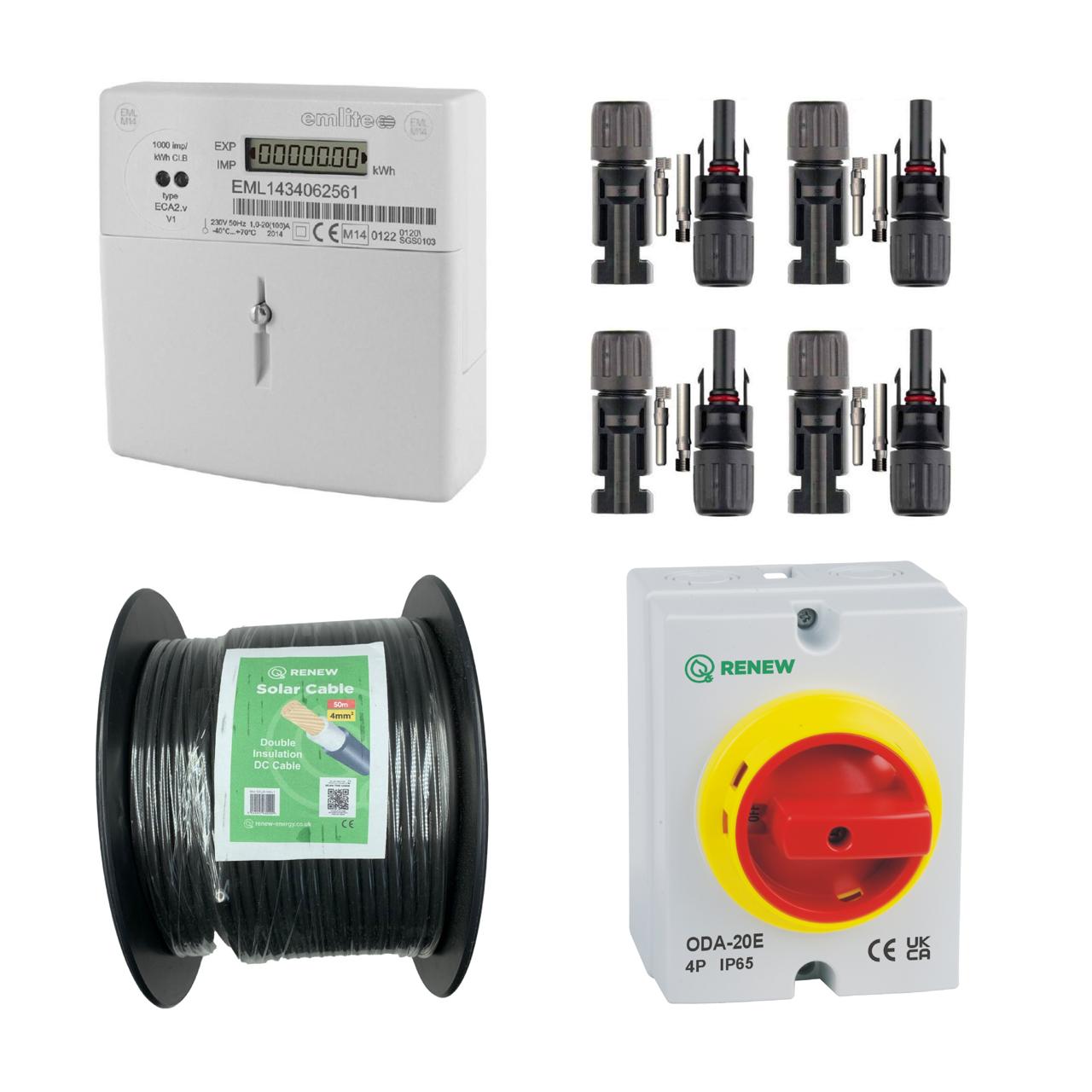 Solar Electrical Install Kit - Featuring 50m x 4mm DC Cable, DC Connectors, Emlite ECA2 Single Phase Meter + 20AMP AC Switch