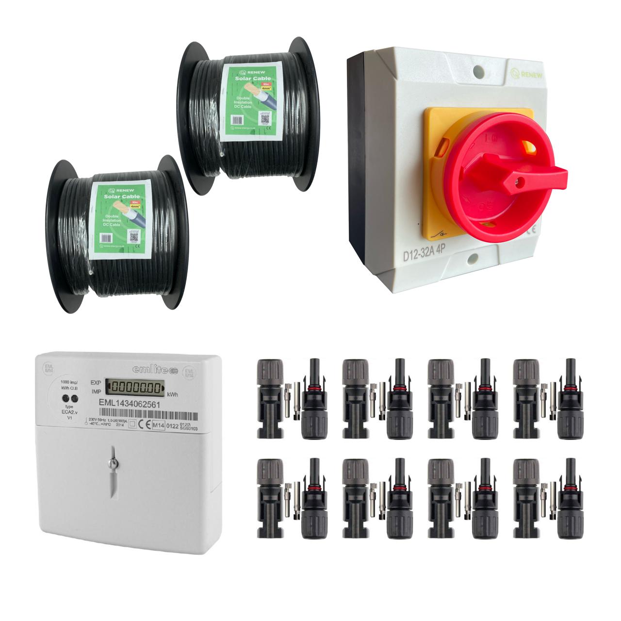 Solar Cable & Connectors Kit | Emlite ECA2 Single Phase Meter + 32 AMP AC Isolator Switch