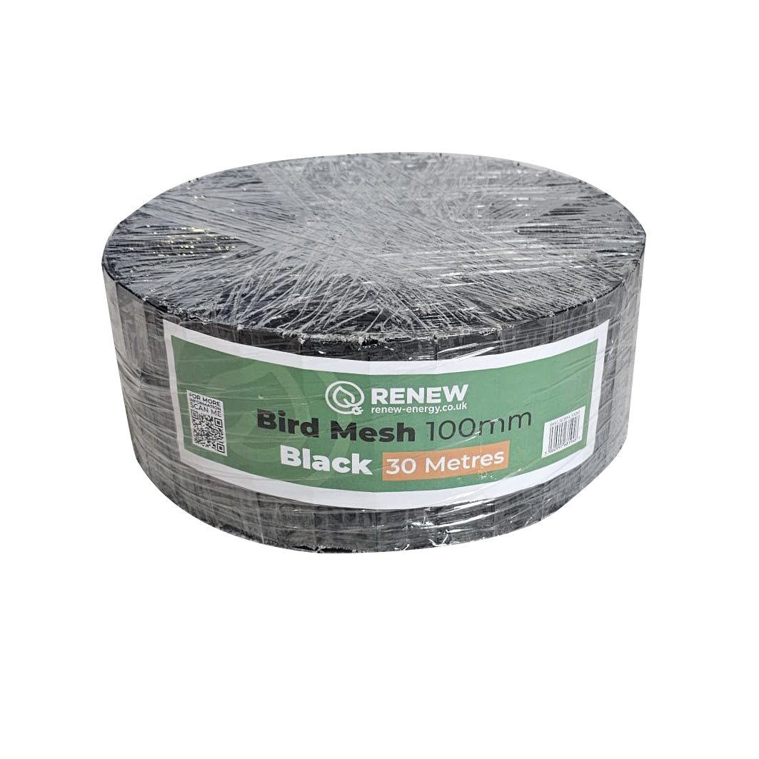 Solar Panel Bird Protection Mesh Kit - 100mm x 30M Black (1 Roll) and 50 x Nylon Clips