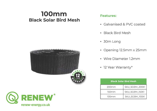 Solar Panel Bird Mesh 100mm 30M Roll in Black (Solar Panel Pest Control Mesh)