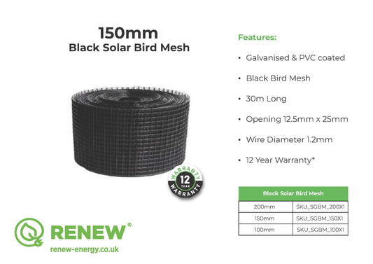 Solar Panel Bird Mesh 150mm - 30M Roll in Black (Solar Panel Pest Control Mesh)