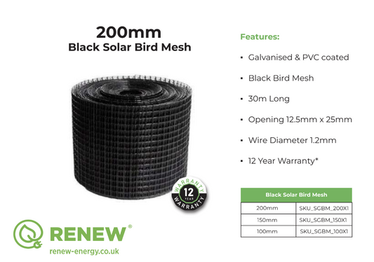 Solar Panel Bird Protection Mesh Kit - 200mm x 30M Heavy Duty Black (1 Roll) and 50 x Nylon Clips