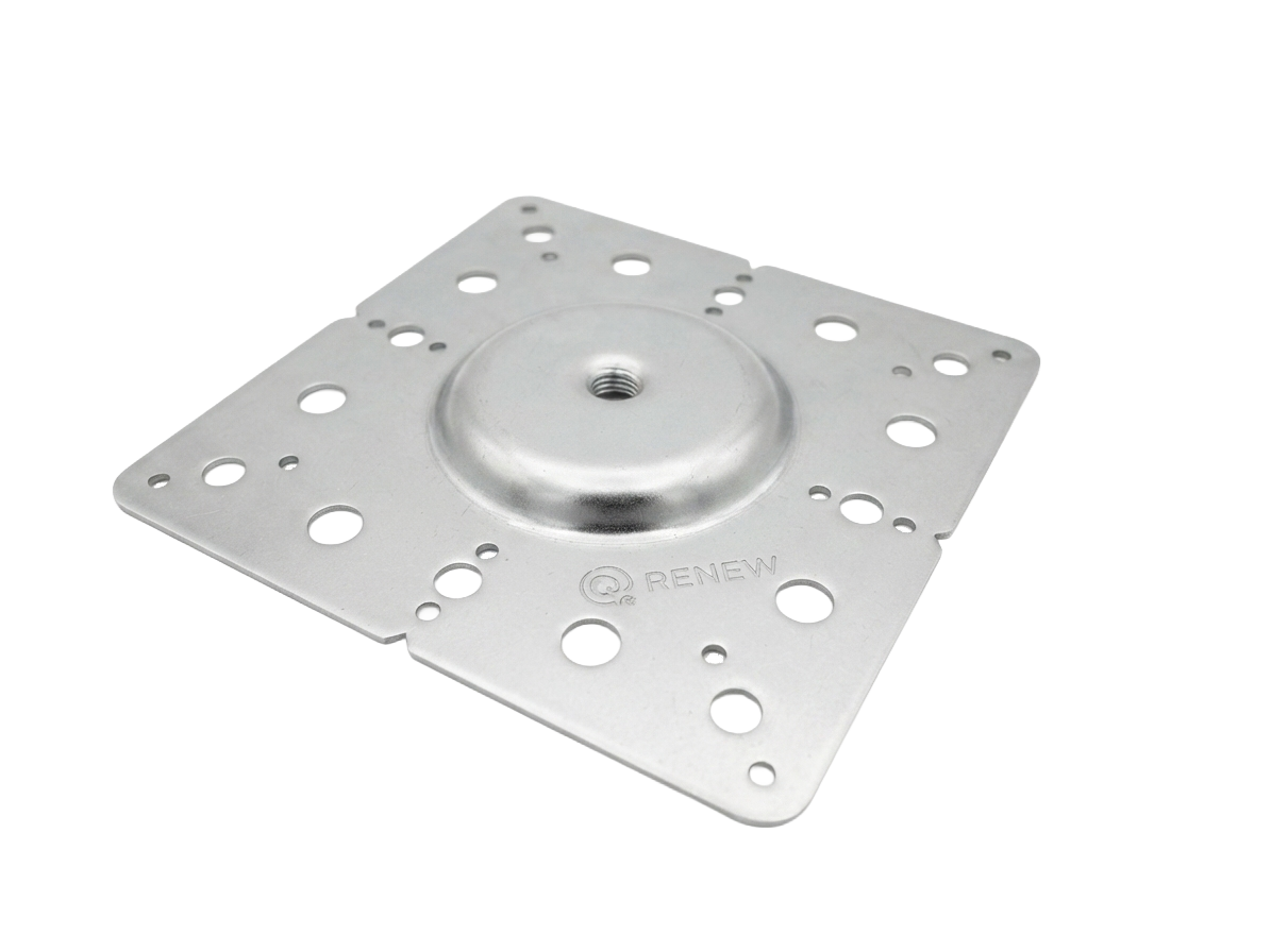 A square metallic mounting plate with a circular central hub and multiple pre-drilled holes, featuring the 'RENEW' brand logo stamped near the bottom right, shown on a plain white background.