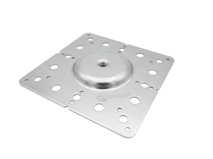 A square metallic mounting plate with a circular central hub and multiple pre-drilled holes, featuring the 'RENEW' brand logo stamped near the bottom right, shown on a plain white background.