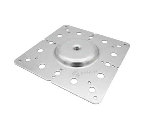A square metallic mounting plate with a circular central hub and multiple pre-drilled holes, featuring the 'RENEW' brand logo stamped near the bottom right, shown on a plain white background.