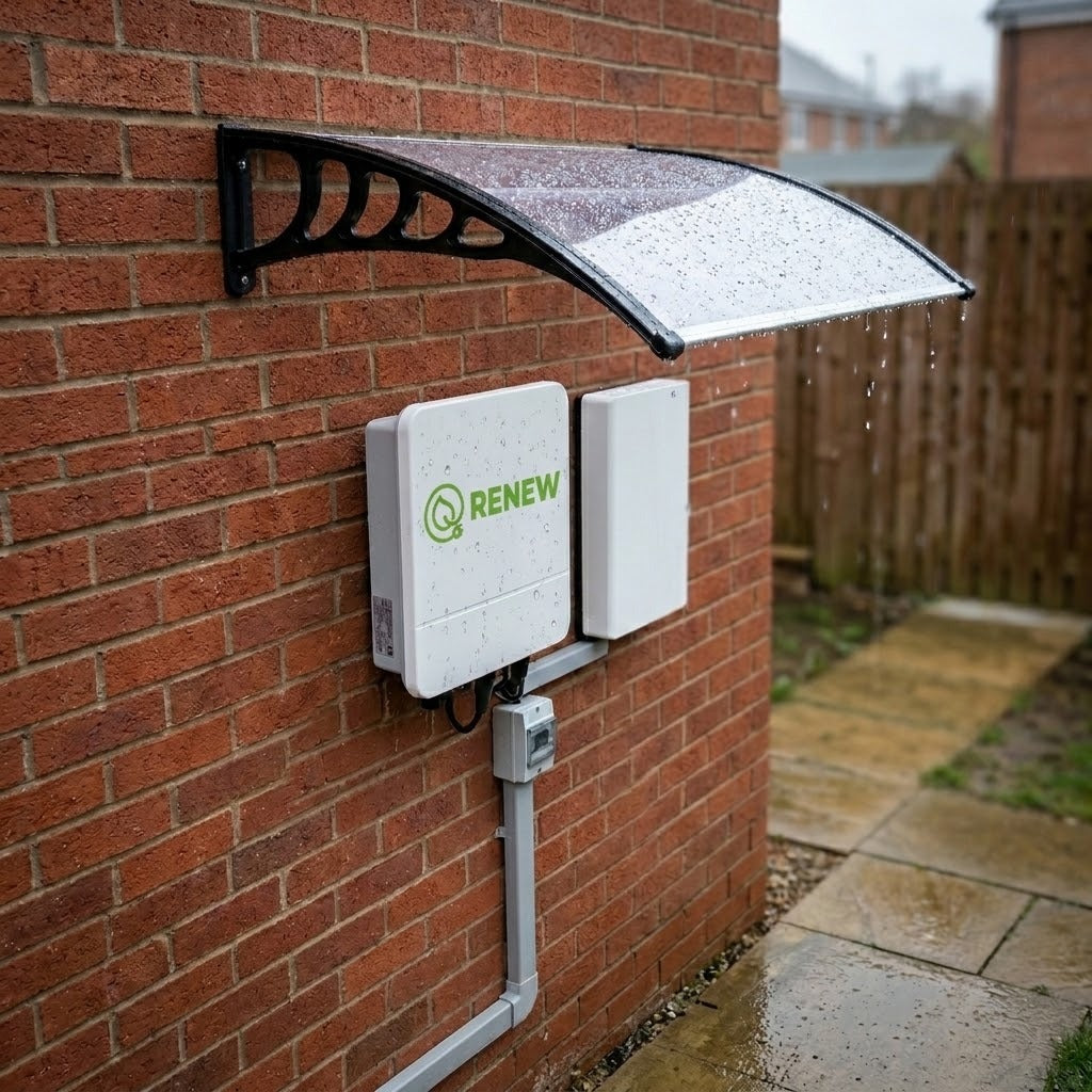 Renew polycarbonate canopy installed above a Renew-branded solar inverter and battery on a brick wall in the rain